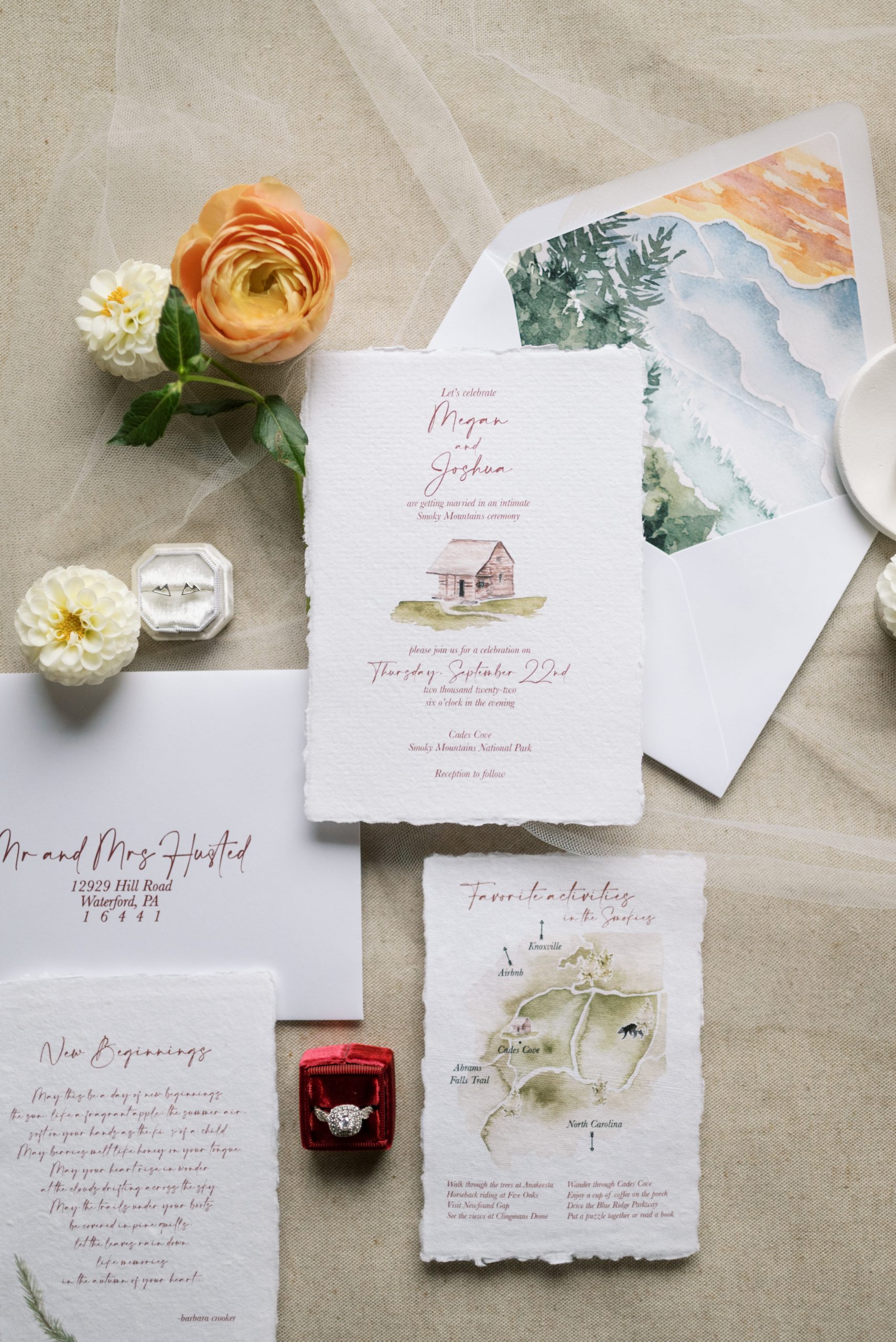 watercolor wedding invitation suite on handmade paper on a neutral background