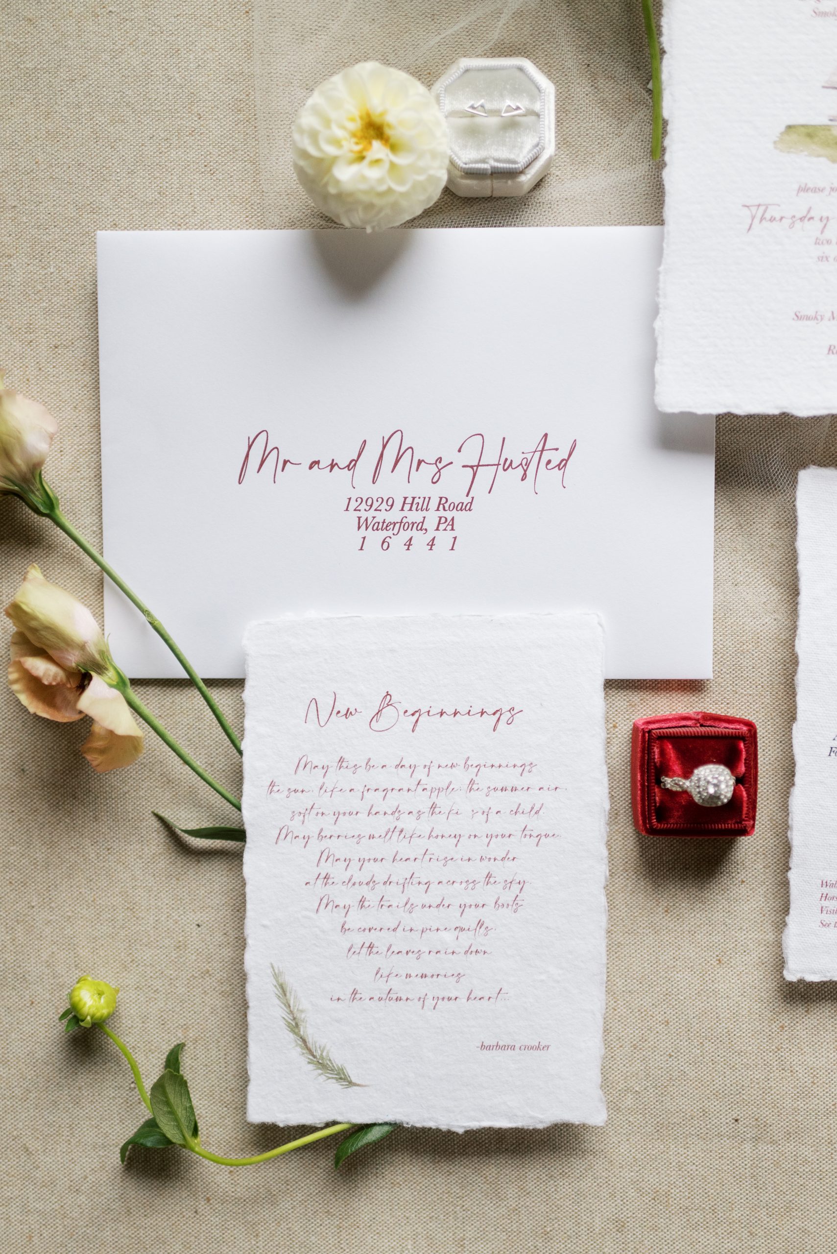 close up of an envelope with calligraphy and a handmade paper details card
