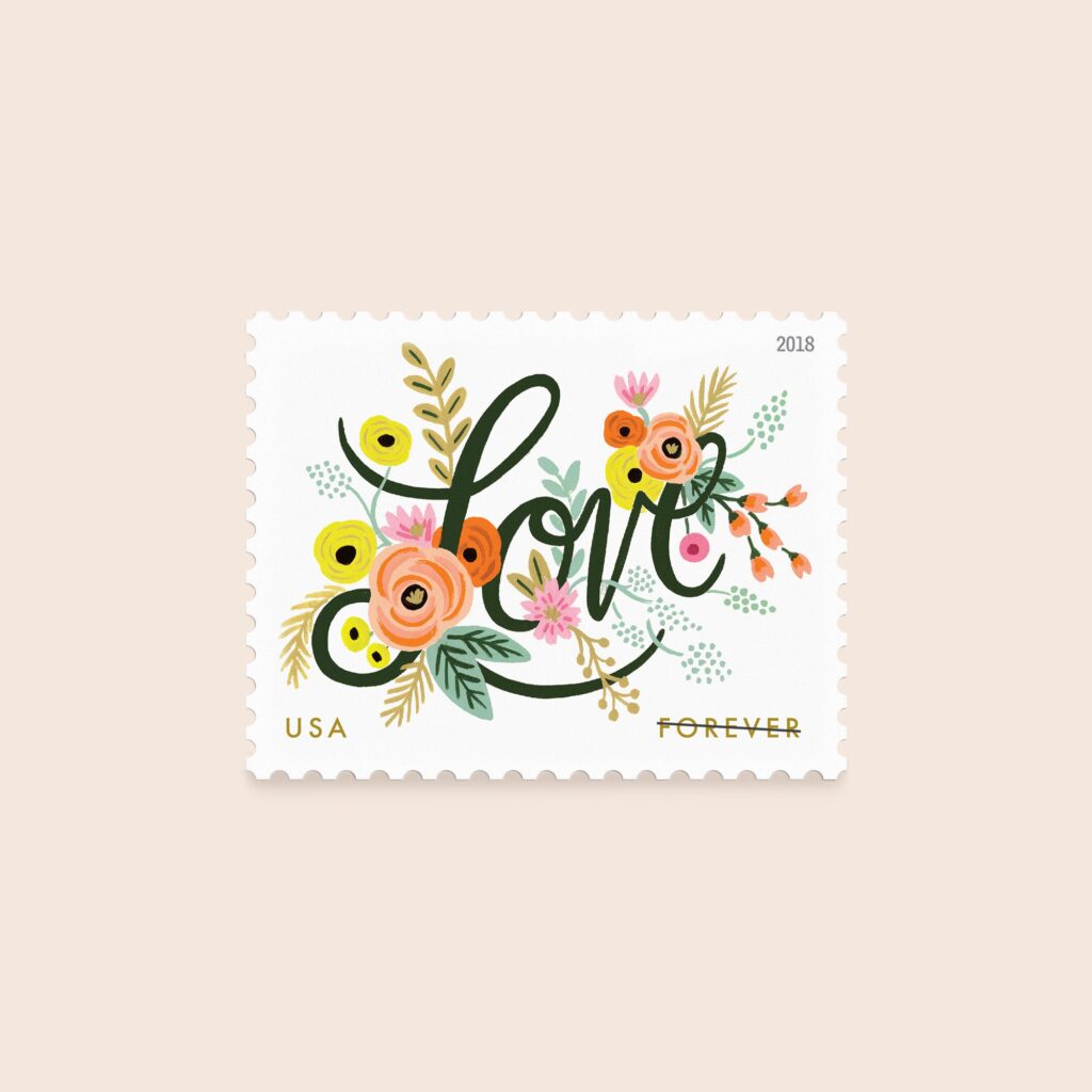 2018 love stamp on a pink background